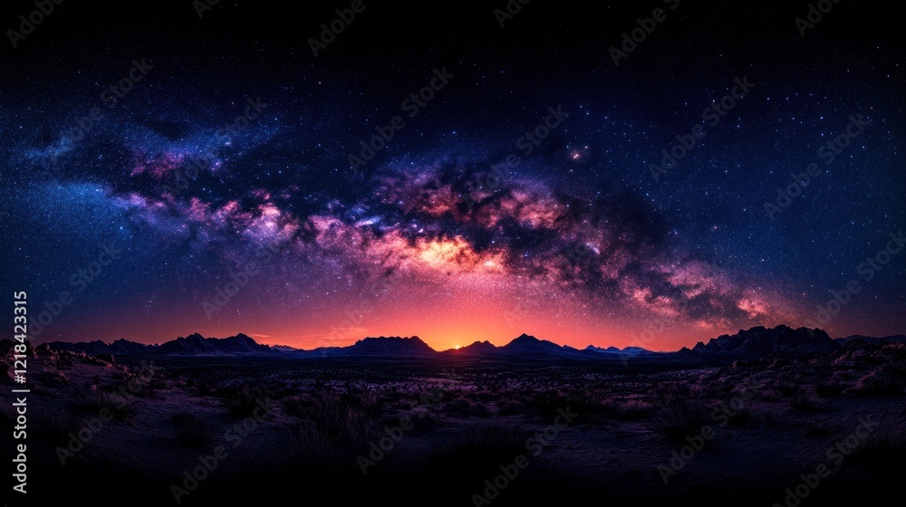 Naklejka premium Majestic Milky Way galaxy arching over a vibrant sunset landscape.