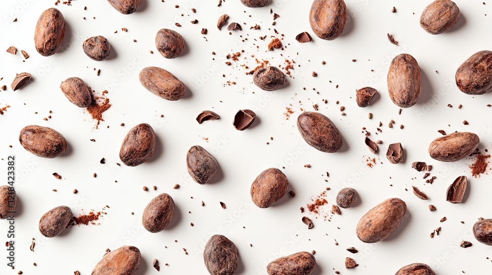 Artistic display of roasted cocoa beans and cocoa powder on a seamless white background. Artistic display of roasted cocoa beans and cocoa powder on a seamless white background.