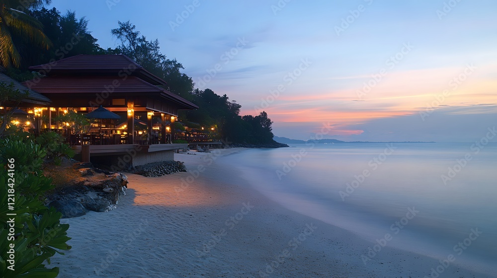 Obraz premium 78. A wide-angle view of Pavilion Pha Leuang Resort at dusk, with glowing lights along the beach and calm waters