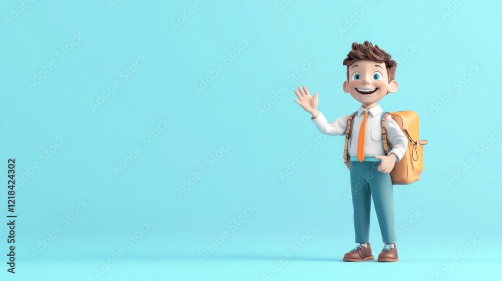 Happy schoolboy waving, blue background, education Happy schoolboy waving, blue background, education