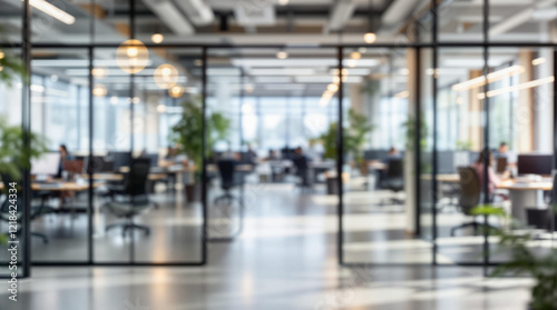 Wallpaper Mural collaborative startup office with glass partitions and ergonomic desks, full blurry view, no element in focus, bright natural lighting, modern design Torontodigital.ca