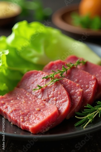 Tender corned beef, vibrant green cabbage wedges , plate, high resolution photo