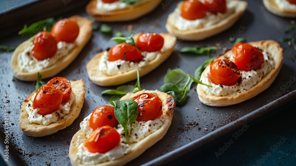 Elegant food arrangement with pita, cream cheese, and quiche. Elegant food arrangement with pita, cream cheese, and quiche.