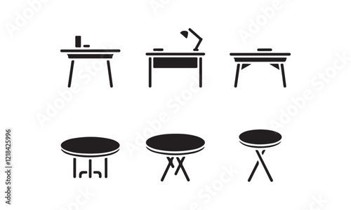 Black silhouette icons of various tables and desks, including office desks and round tables for versatile use.