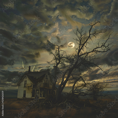 Dread Sobriety: Dusk of Nightmare - Gloomy Landscape with Haunted House under Full Moon