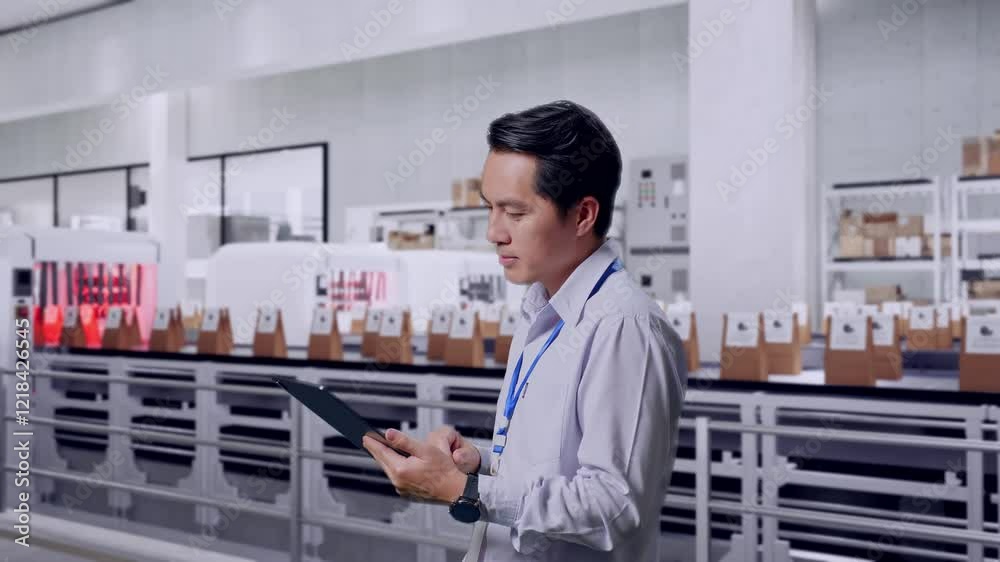 Side View Of An Asian Male Professional Worker Standing With His Tablet With Conveyor for Packaging Coffee Beans in Bags at Coffee Factory, Checking On His Tablet With Meditation Side View Of An Asian Male Professional Worker Standing With His Tablet With Conveyor for Packaging Coffee Beans in Bags at Coffee Factory, Checking On His Tablet With Meditation