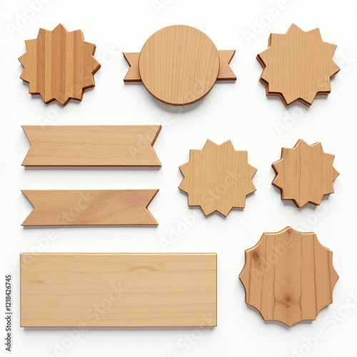 A collection of wooden labels and decorative elements featuring various shapes and sizes, ideal for crafts or design projects.