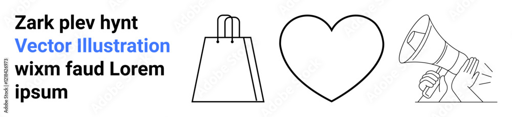 Shopping bag, heart, and megaphone icons symbolize e-commerce, customer satisfaction, and marketing. Ideal for digital marketing, social media strategy, customer feedback, retail trends online Shopping bag, heart, and megaphone icons symbolize e-commerce, customer satisfaction, and marketing. Ideal for digital marketing, social media strategy, customer feedback, retail trends online