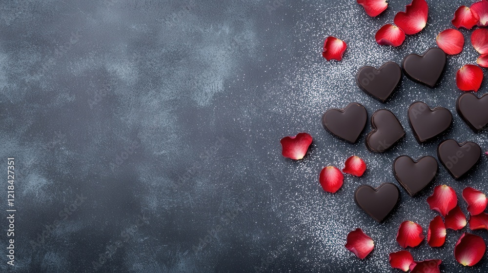 Sweet chocolate hearts and rose petals on a dark stone background for romantic occasions and celebrations Sweet chocolate hearts and rose petals on a dark stone background for romantic occasions and celebrations