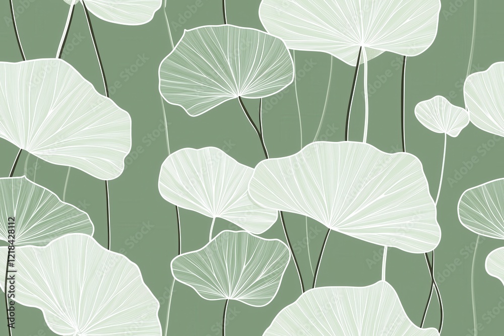 Obraz premium Padrão contínuo (seamless pattern) de folhas estilizadas em tons de verde com linhas delicadas em branco, criado com IA generativa. 