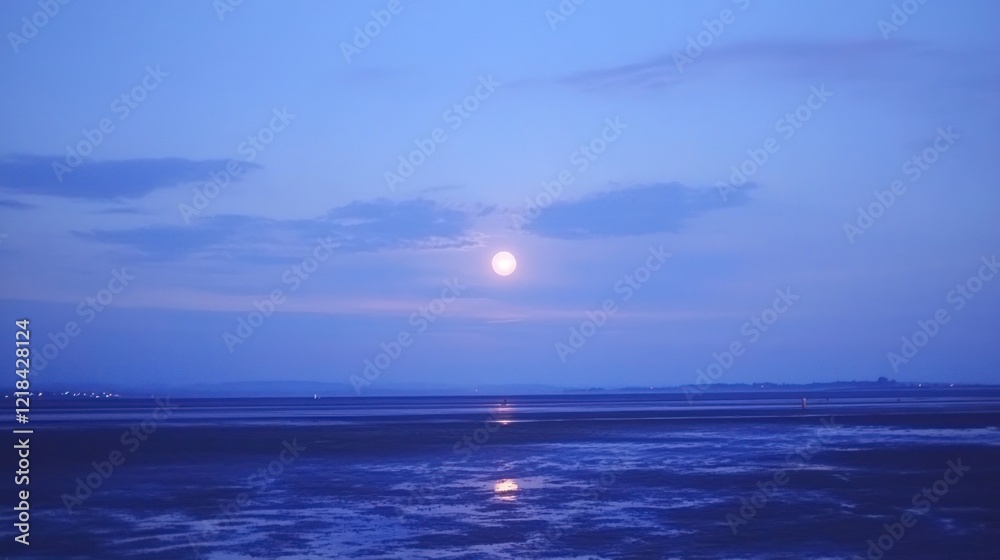 Fototapeta premium Full moon over a tranquil bay at twilight.