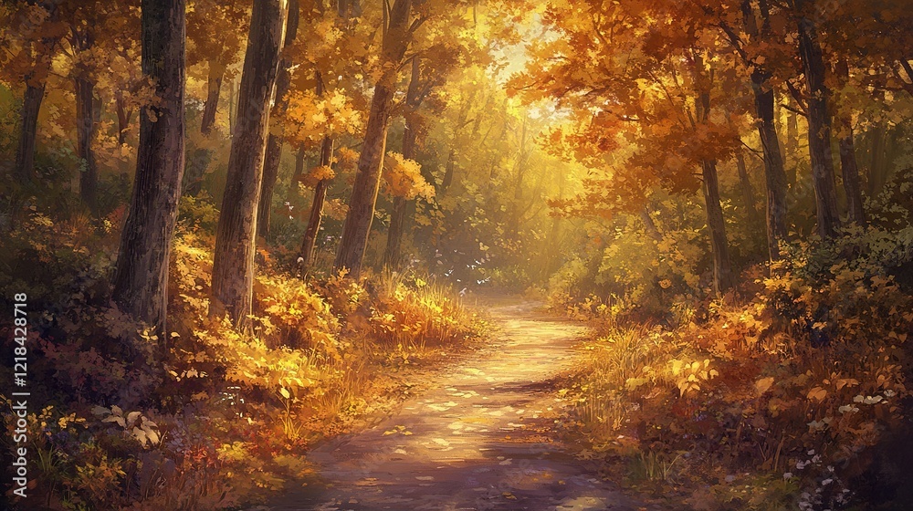 A serene path winds through a forest bathed in the warm, golden light of autumn, creating a magical and inviting atmosphere. A serene path winds through a forest bathed in the warm, golden light of autumn, creating a magical and inviting atmosphere.