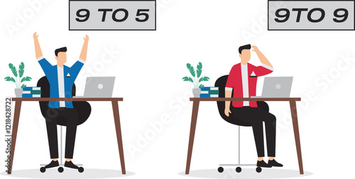 Working 9 to 5 concept illustration, office work routine by working everyday, burnout or work life balance, overwork every day, businessmen who are tired of working beyond 9 to 5 work hours