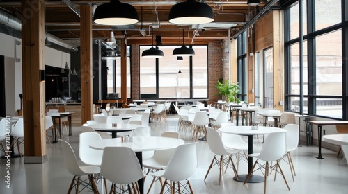 Modern open-plan cafeteria, daylight, industrial design. Use for restaurant concept, office environment photo