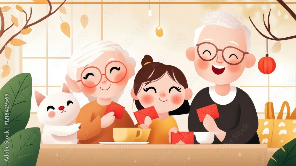 Happy Family Gathering with Grandparents, Child, and Cute Cat Sharing Red Envelopes during Festive Celebration Happy Family Gathering with Grandparents, Child, and Cute Cat Sharing Red Envelopes during Festive Celebration