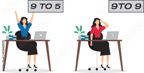 Working 9 to 5 concept illustration, office work routine by working everyday, burnout or work life balance, overwork every day, businesswomen who are tired of working beyond 9 to 5 work hours