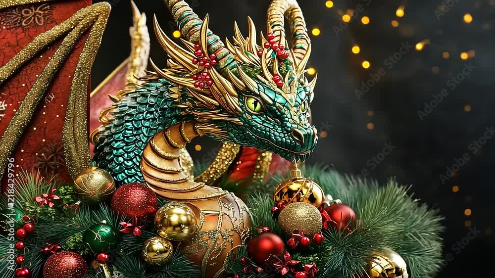 Regal Green Dragon Adorned with Christmas Ornaments and Festive Greenery