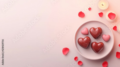 Delicious Chocolate Hearts on Plate Surrounded by Rose Petals and Candles for Romantic Celebration