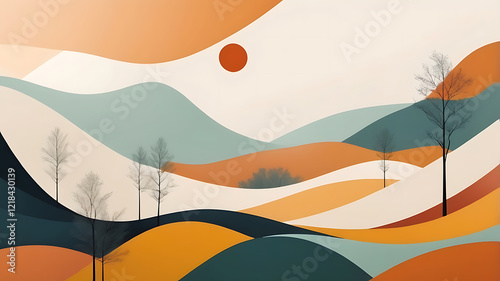 Abstract natural landscape bold color palettes with sky and mountain artwork background. photo