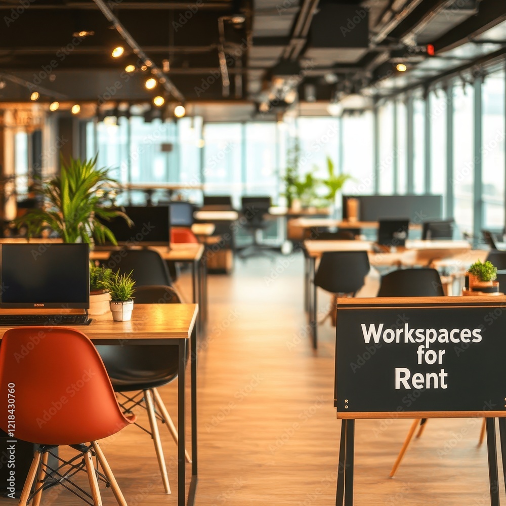 Fototapeta premium Modern Coworking Space with Neatly Arranged Desks Urban Location Office Environment Contemporary Design