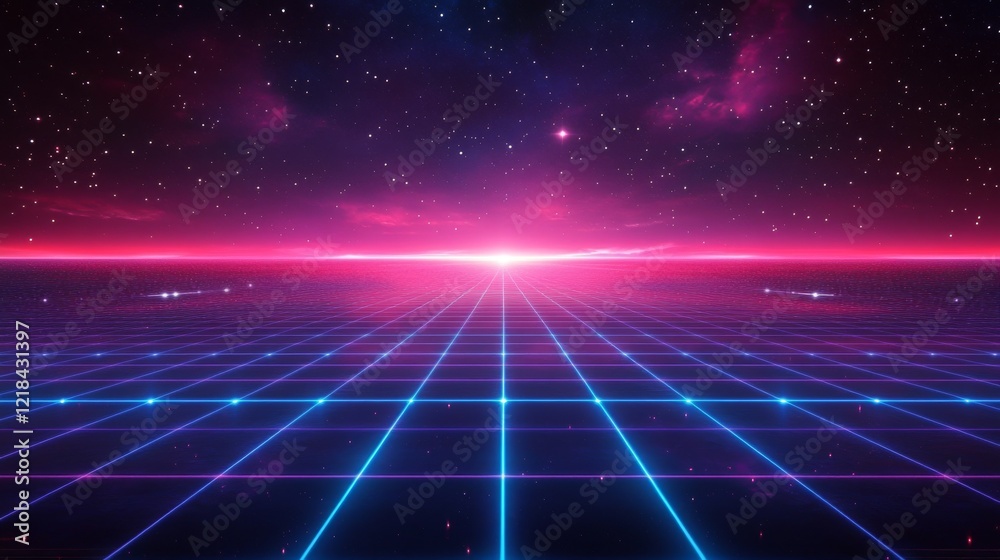 Obraz premium Retro Futuristic Grid Landscape Under a Starry Sky