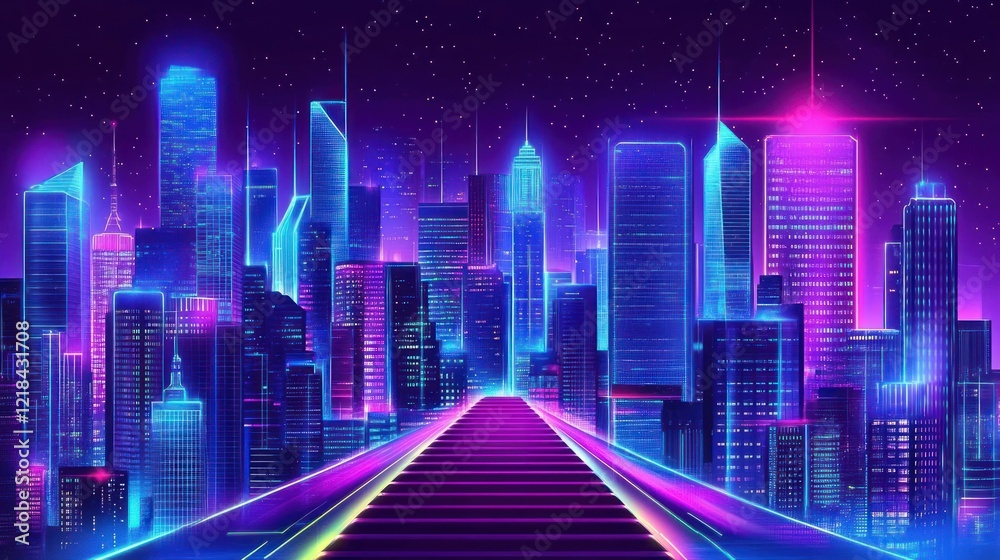 Obraz premium Futuristic city skyline at night with glowing neon stairs.