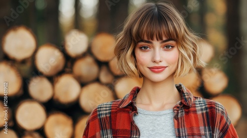 Hairstyle cut casual concept. Confident Woman in Plaid Shirt with Soft Curtain Bangs and Loose Waves Smiling Outdoors