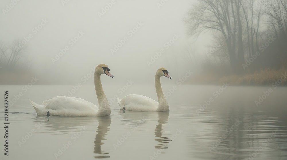 Fototapeta premium Misty lake swans, serene autumn, nature