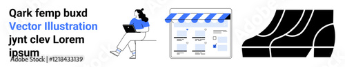Professional checking tasks on laptop near kanban board and abstract curved shapes. Ideal for productivity, remote work, management, planning, workflow, digital tools, organization. Landing page