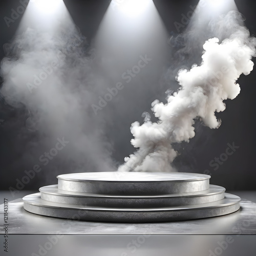 Elegant gray platform with smoke under bright stage lights showcasing an artistic display