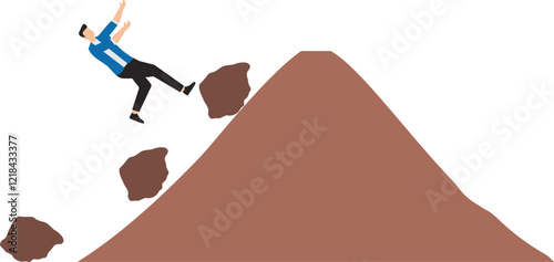 Overcome obstacle on business growth for career success, leadership skill concept, effort or adversity for business growth, businessman jump over falling boulder to climb up hill of success