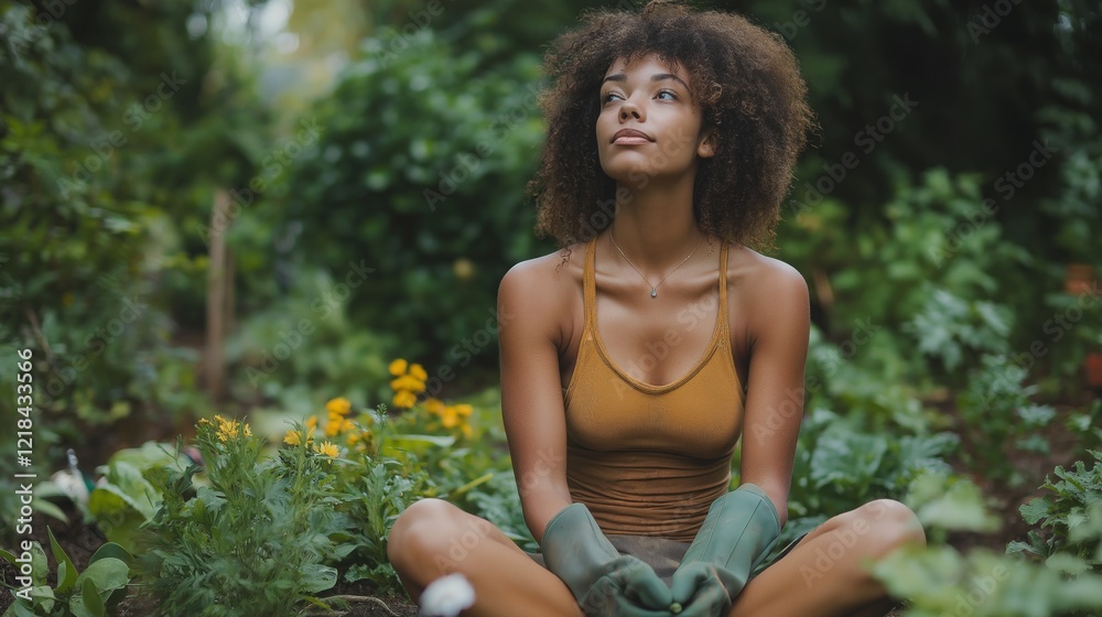 Sitting cross-legged in a lush garden, a woman with gardening gloves gazes thoughtfully upward, surrounded by green plants and colorful blooms under a bright sky Sitting cross-legged in a lush garden, a woman with gardening gloves gazes thoughtfully upward, surrounded by green plants and colorful blooms under a bright sky