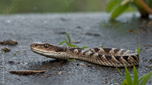 Snake Laying Eggs in Burrow Surrounded by Leaves and Soil photo