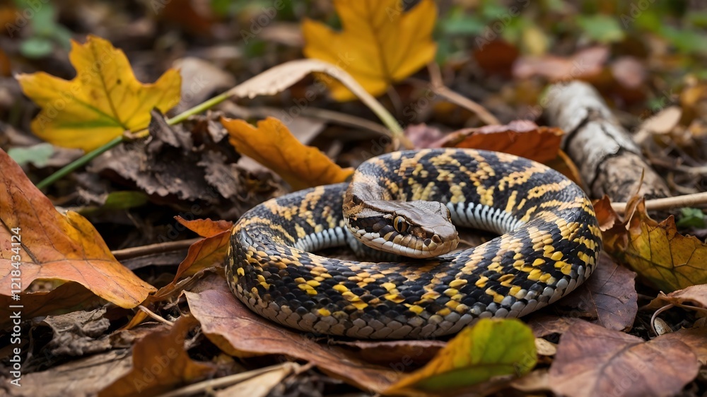 Obraz premium Sunlit Golden Lancehead Snake Resting on Rock with Shadows Highlighting Its Striking Form