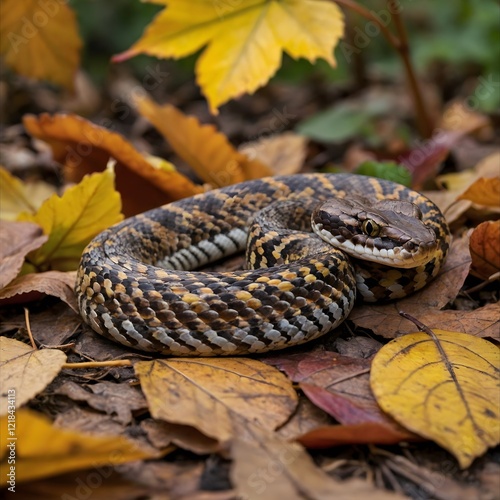 Golden Lancehead Snake Sunbathing on Rock with Dramatic Lighting and Shadows Accentuating Its Form photo