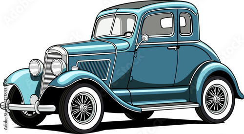 royal blue colour old model car hand drawn vector vintage image with transparent background
