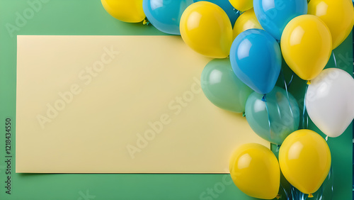 Colorful balloons and a blank canvas on a vibrant green background for creative celebrations