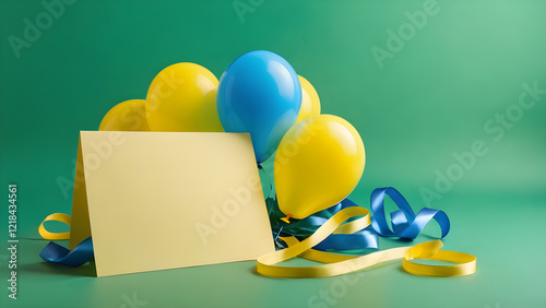 Colorful balloons and blank card create festive atmosphere for celebration events and parties