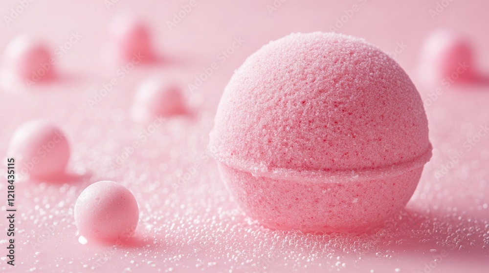 Bright pink bath bomb with smaller spheres on a pink surface creating a serene relaxation atmosphere Bright pink bath bomb with smaller spheres on a pink surface creating a serene relaxation atmosphere