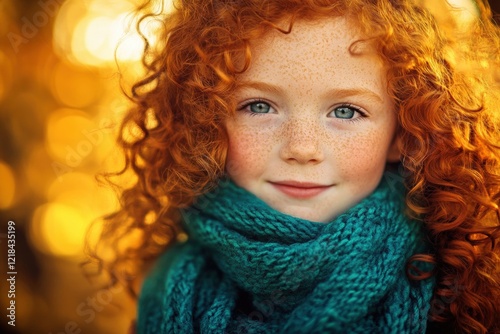 Girl with curly red hair and freckles wearing a turquoise scarf, smiling in a warm, golden autumn setting. Portrayal of childhood joy and innocence. photo