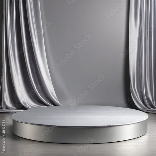 Stage platform with silver curtains in a minimalist setting for presentations or performances