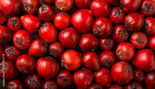 Flat Lay Top View of Bright Ripe Fragrant Red Guarana Fruit as Background