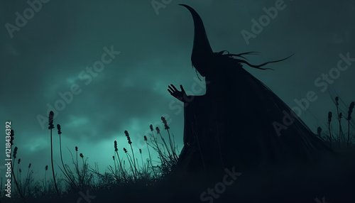 Witch Silhouette Meditating Mysteriously in Moonlit Grasslands with Copy Space