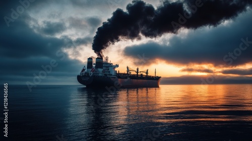 Environmental Contamination: A cargo ship releases a dark plume of smoke into the atmosphere, setting a backdrop of a vibrant sky reflecting the ominous pollution's impact on the water.