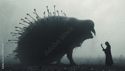 Mysterious Musician Confronting Monstrous Creature in Misty Dark Forest