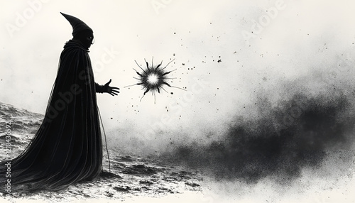 Cloaked Sorcerer Conjuring Mystical Starburst in Desolate Landscape with Copy Space