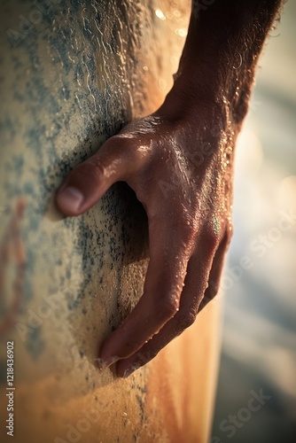 Hand gripping a surfboard, preparing for adventure in the ocean. Surfing lifestyle, water sports, and summer excitement captured in close-up detail. photo