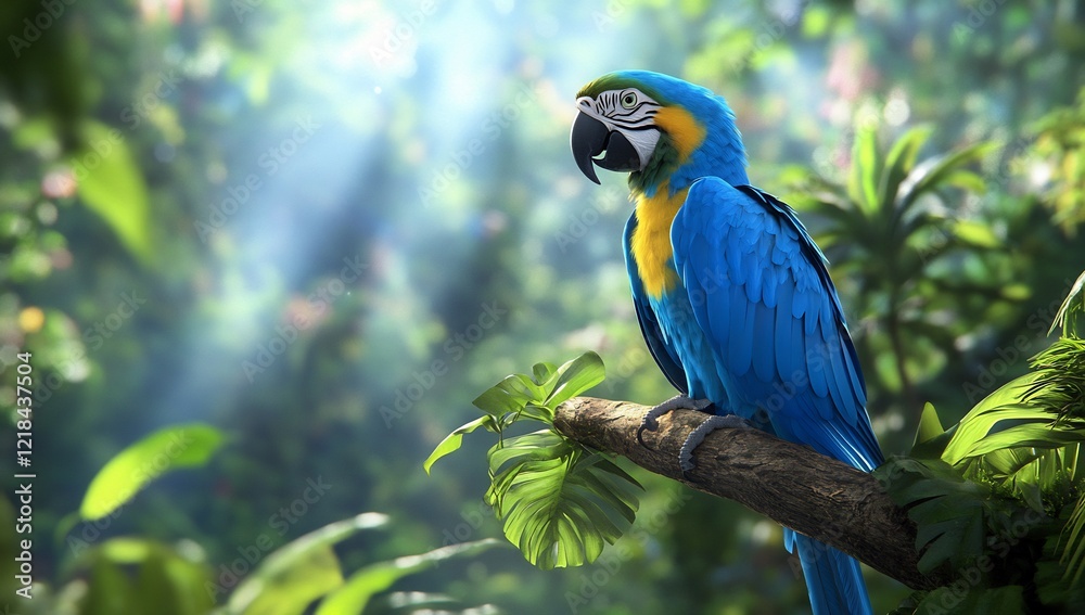 Blue macaw perched on branch, rainforest background, wildlife, nature poster Blue macaw perched on branch, rainforest background, wildlife, nature poster
