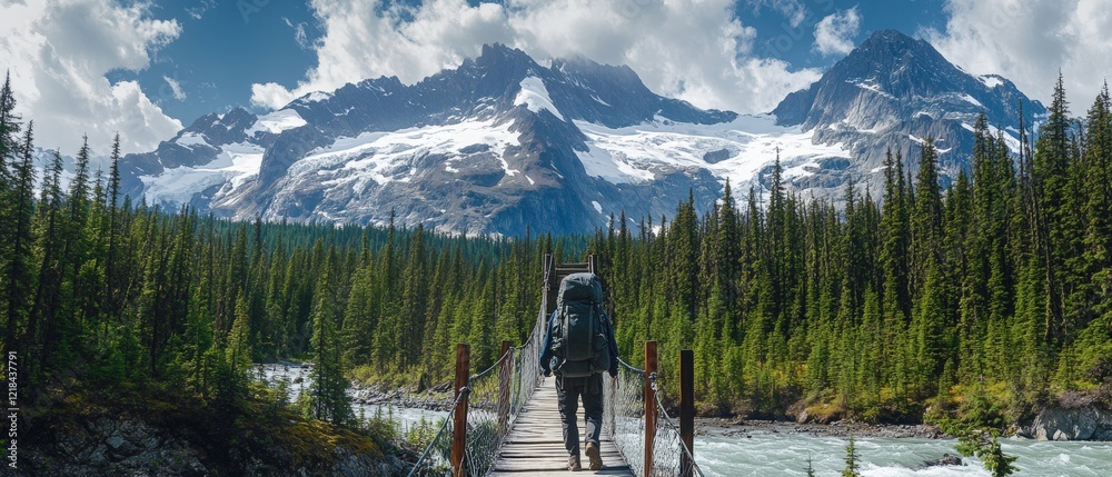 Obraz premium Hiker crossing a wooden bridge in a serene landscape with majestic mountains, lush forests, and a vibrant blue sky, capturing the essence of outdoor adventure.