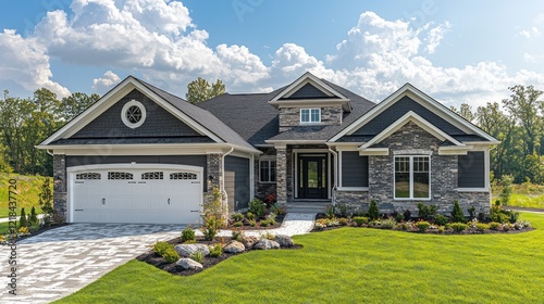 Single story home, new build, landscaped, with trees and blue sky, for real estate